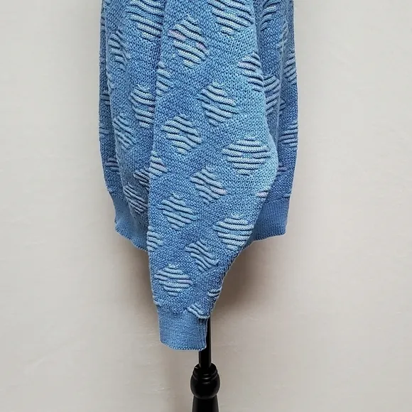 VINTAGE 80s Peconic Bay Traders Sky Blue Knit Geometric Print Crewneck Sweater