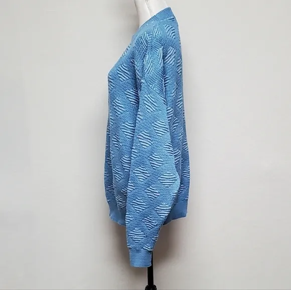 VINTAGE 80s Peconic Bay Traders Sky Blue Knit Geometric Print Crewneck Sweater