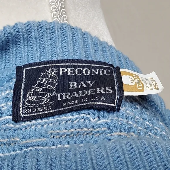 VINTAGE 80s Peconic Bay Traders Sky Blue Knit Geometric Print Crewneck Sweater