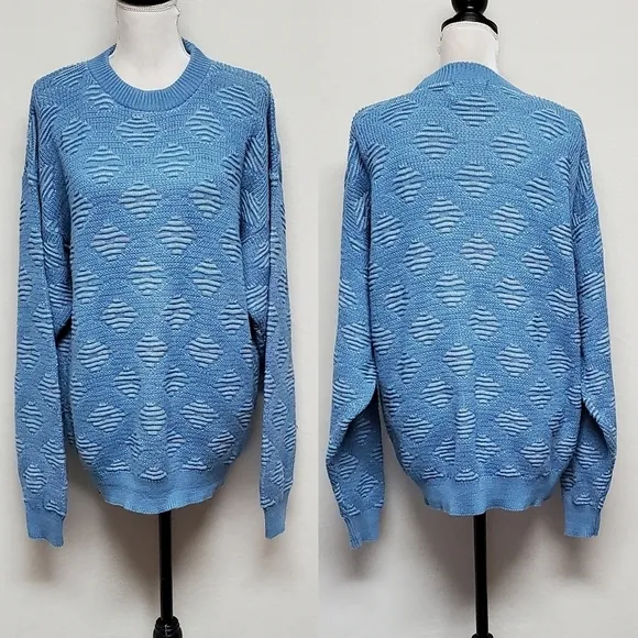 VINTAGE 80s Peconic Bay Traders Sky Blue Knit Geometric Print Crewneck Sweater