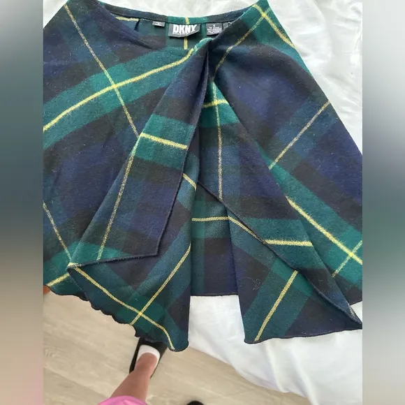 Vintage 90s Donna Karan Lambswool Plaid Wrap Around Asymmetrical Skirt