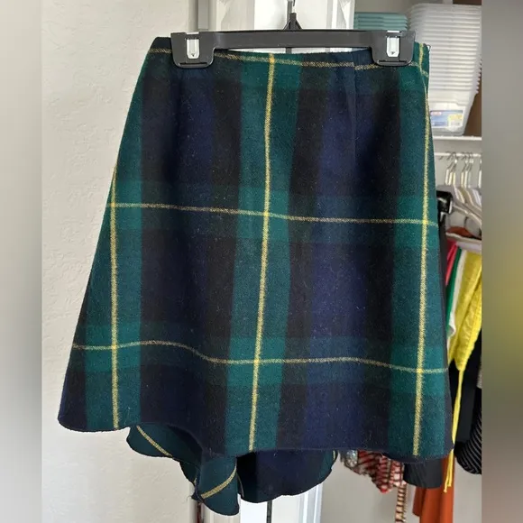 Vintage 90s Donna Karan Lambswool Plaid Wrap Around Asymmetrical Skirt