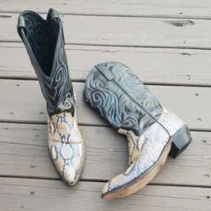 Vintage 90s y2k Genuine Python Snakeskin Tan Metallic Blue Cowboy Western Boots