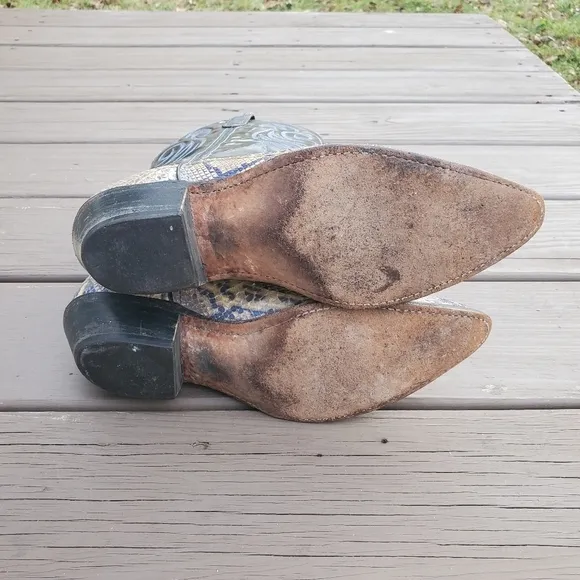 Vintage 90s y2k Genuine Python Snakeskin Tan Metallic Blue Cowboy Western Boots
