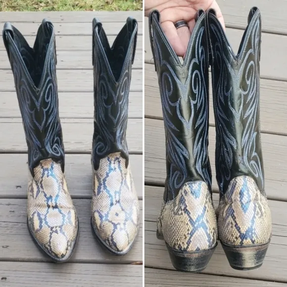 Vintage 90s y2k Genuine Python Snakeskin Tan Metallic Blue Cowboy Western Boots