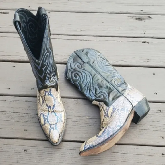 Vintage 90s y2k Genuine Python Snakeskin Tan Metallic Blue Cowboy Western Boots