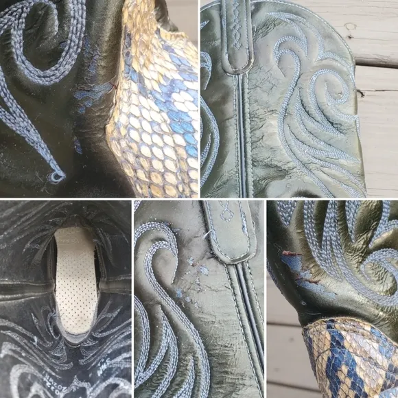Vintage 90s y2k Genuine Python Snakeskin Tan Metallic Blue Cowboy Western Boots