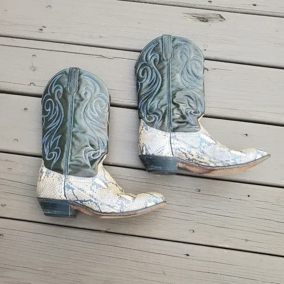 Vintage 90s y2k Genuine Python Snakeskin Tan Metallic Blue Cowboy Western Boots