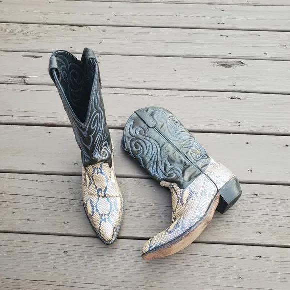 Vintage 90s y2k Genuine Python Snakeskin Tan Metallic Blue Cowboy Western Boots