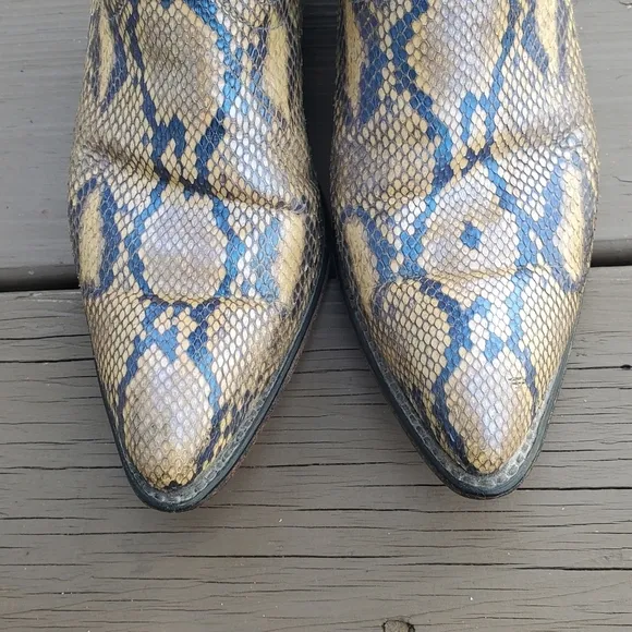 Vintage 90s y2k Genuine Python Snakeskin Tan Metallic Blue Cowboy Western Boots