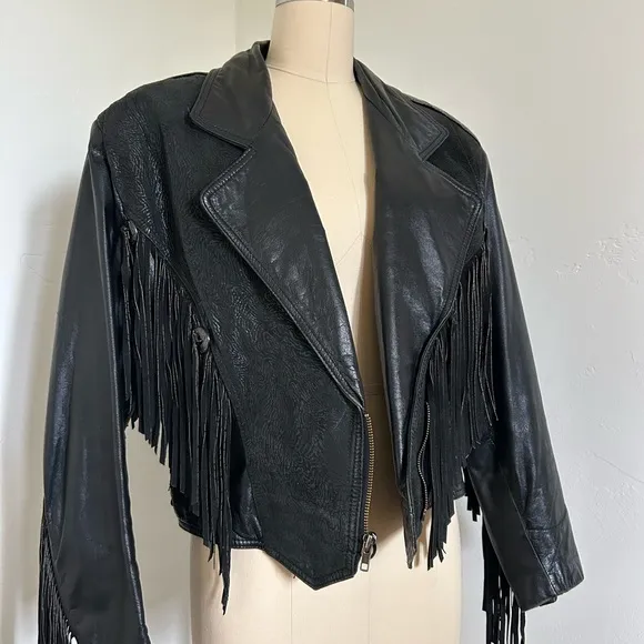 Vintage Black Leather Fringe Jacket | Size L