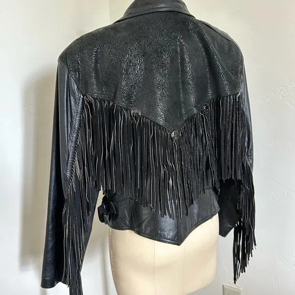 Vintage Black Leather Fringe Jacket | Size L
