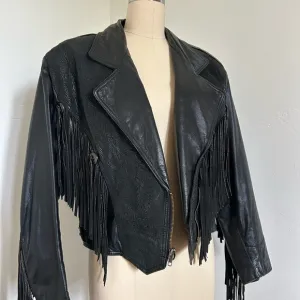 Vintage Black Leather Fringe Jacket | Size L