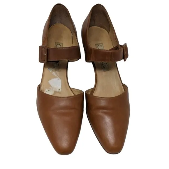 Vintage Connie Mary Jane Brown Leather Pine Cone Low Pump Heels Shoes BRAZIL 8