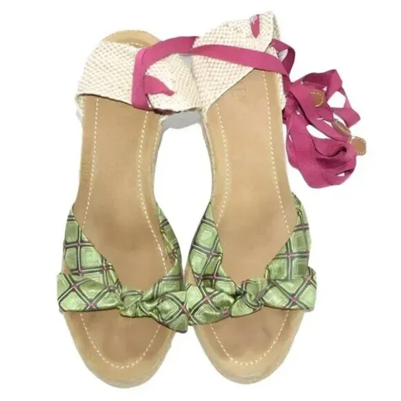 Vintage Crew Green Pink Ankle Tie Preppy Espadrilles Sandals Wedges High Heels 9