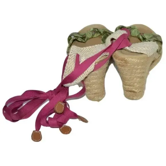 Vintage Crew Green Pink Ankle Tie Preppy Espadrilles Sandals Wedges High Heels 9