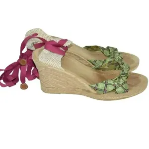 Vintage Crew Green Pink Ankle Tie Preppy Espadrilles Sandals Wedges High Heels 9