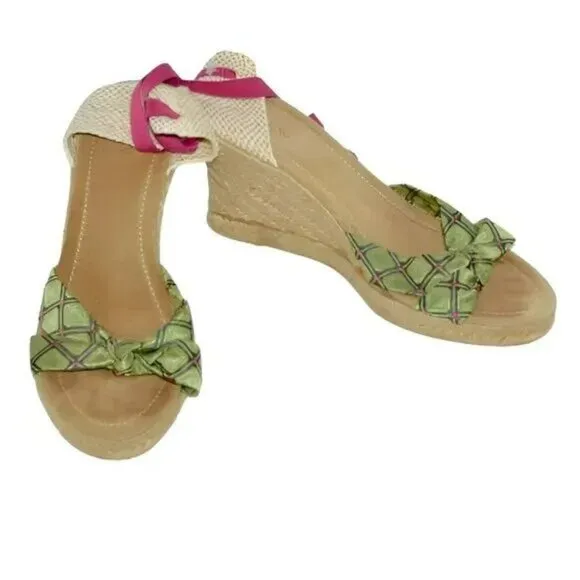 Vintage Crew Green Pink Ankle Tie Preppy Espadrilles Sandals Wedges High Heels 9