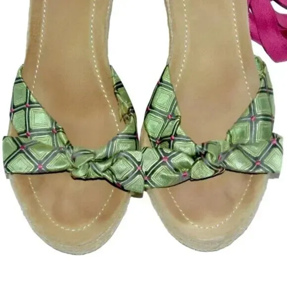 Vintage Crew Green Pink Ankle Tie Preppy Espadrilles Sandals Wedges High Heels 9