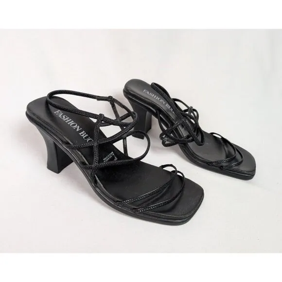 Vintage Fashion Bug 7 Y2K 90s Black Open Toe Strappy High Heels Shoes Sexy Goth