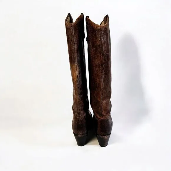 Vintage Frye Jackie Button Tall Stacked Heel Brown Leather Cowboy Boots 5.5