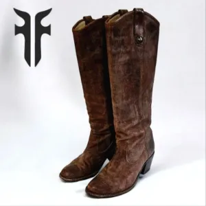 Vintage Frye Jackie Button Tall Stacked Heel Brown Leather Cowboy Boots 5.5