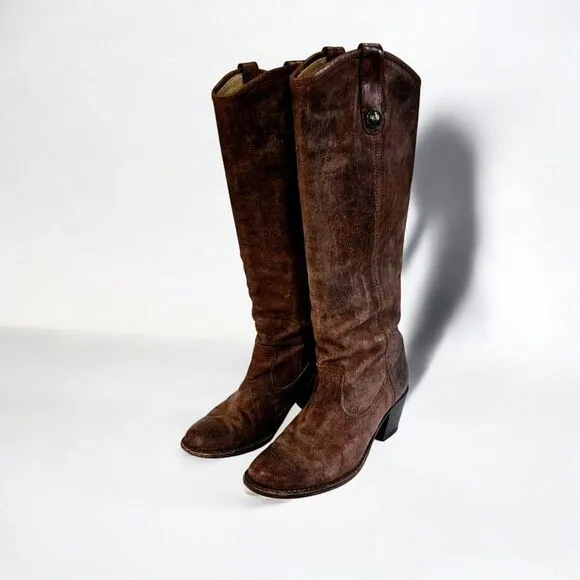 Vintage Frye Jackie Button Tall Stacked Heel Brown Leather Cowboy Boots 5.5