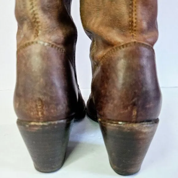 Vintage Frye Jackie Button Tall Stacked Heel Brown Leather Cowboy Boots 5.5