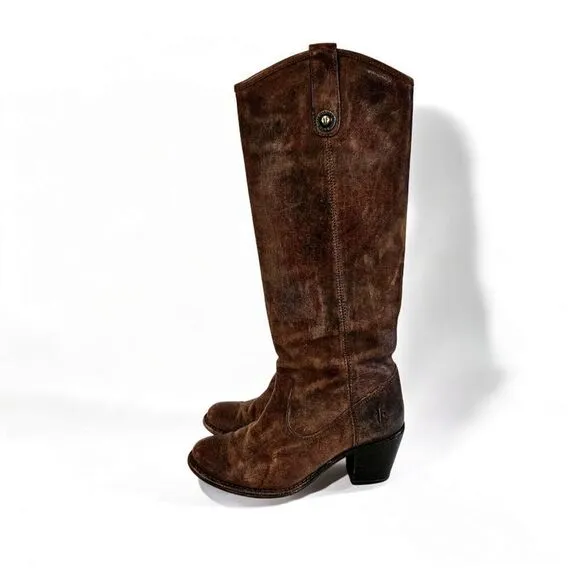 Vintage Frye Jackie Button Tall Stacked Heel Brown Leather Cowboy Boots 5.5