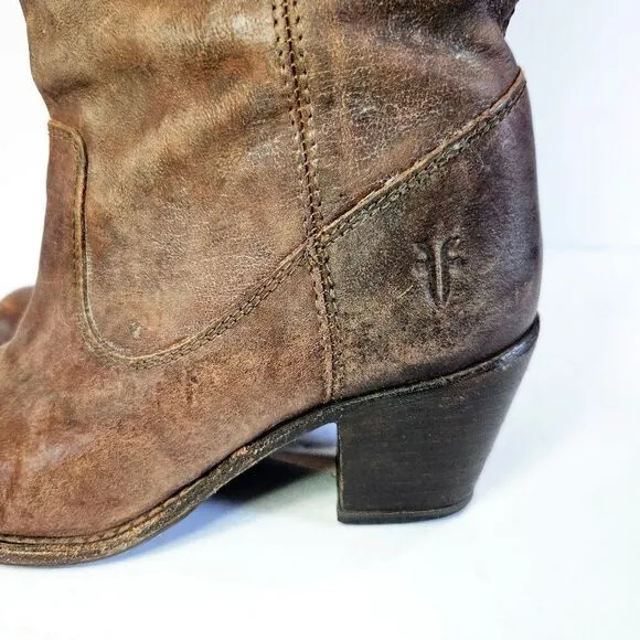 Vintage Frye Jackie Button Tall Stacked Heel Brown Leather Cowboy Boots 5.5