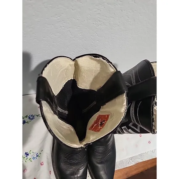 Vintage Harley-Davidson Black Leather Embroidered Cowboy Boots Sz 8 etched logo