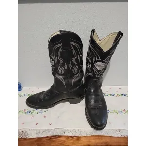 Vintage Harley-Davidson Black Leather Embroidered Cowboy Boots Sz 8 etched logo