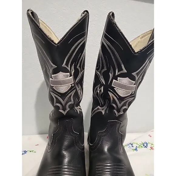 Vintage Harley-Davidson Black Leather Embroidered Cowboy Boots Sz 8 etched logo