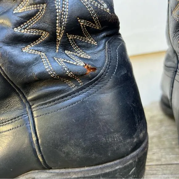 Vintage Justin Boots Black Point Toe Stovepipe Top Cowboy Western Boots