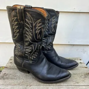 Vintage Justin Boots Black Point Toe Stovepipe Top Cowboy Western Boots