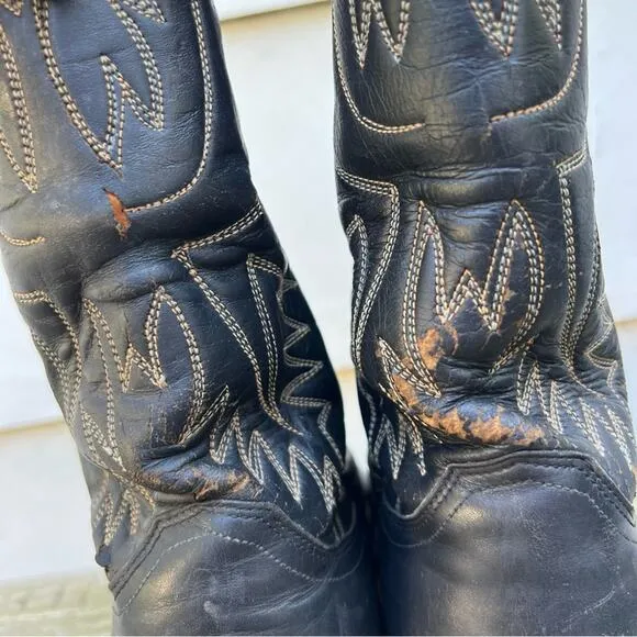 Vintage Justin Boots Black Point Toe Stovepipe Top Cowboy Western Boots