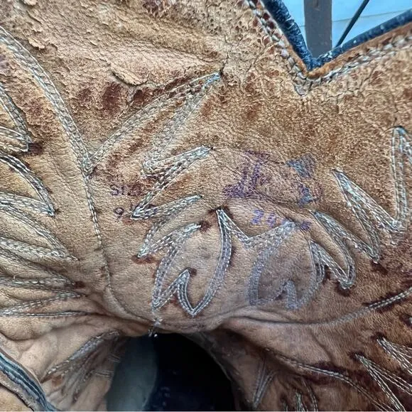 Vintage Justin Boots Black Point Toe Stovepipe Top Cowboy Western Boots