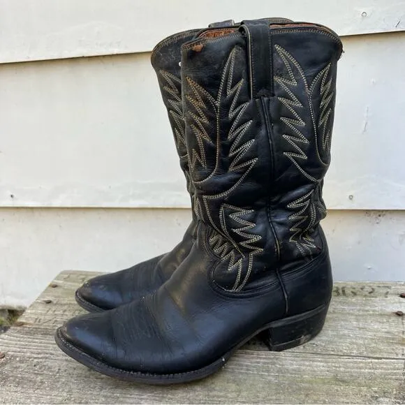 Vintage Justin Boots Black Point Toe Stovepipe Top Cowboy Western Boots