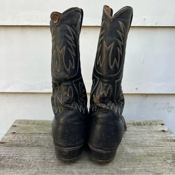 Vintage Justin Boots Black Point Toe Stovepipe Top Cowboy Western Boots