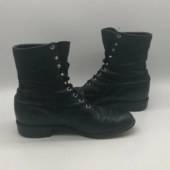 Vintage Justin Boots Men's 8D Western Bullhide Pebbled Leather Roper Lace Up