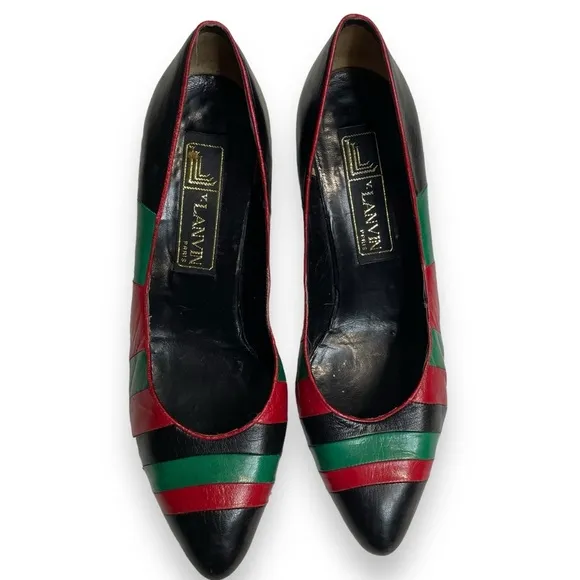 Vintage Lanvin Paris pump heels shoes women’s black green red size 40 striped