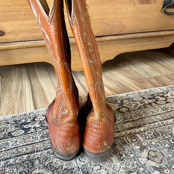 Vintage Leather Embroidered Snake Embossed Cowboy Western Boots in Cognac