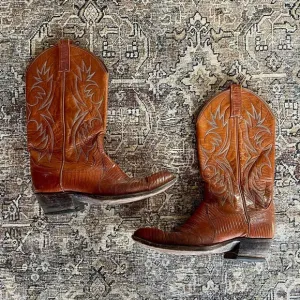 Vintage Leather Embroidered Snake Embossed Cowboy Western Boots in Cognac