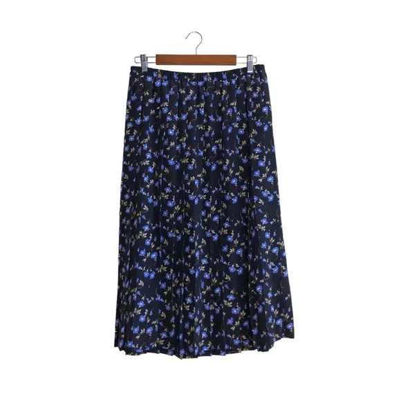 Vintage Leslie Fay Black/Blue Floral Pleated Maxi A-Line Skirt
