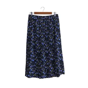 Vintage Leslie Fay Black/Blue Floral Pleated Maxi A-Line Skirt