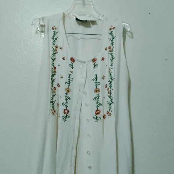 Vintage Linen Blend Embroidered Buttonfront Nightgown Dress Duster Cardigan