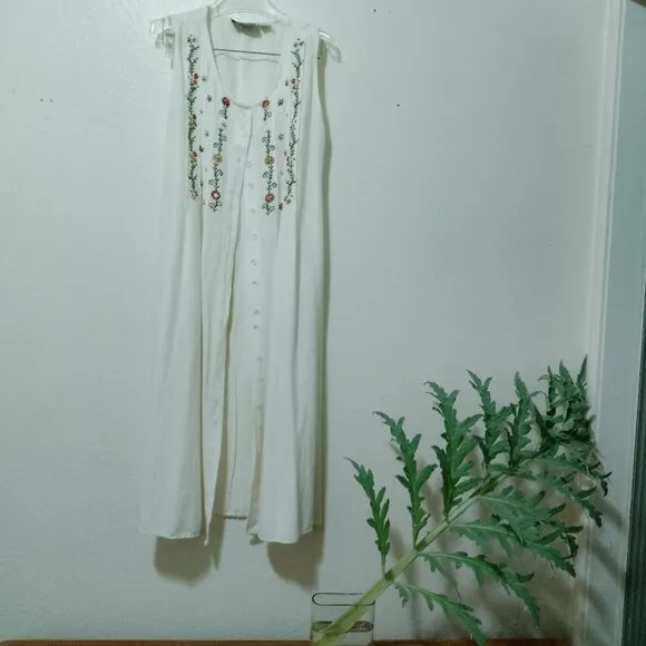 Vintage Linen Blend Embroidered Buttonfront Nightgown Dress Duster Cardigan