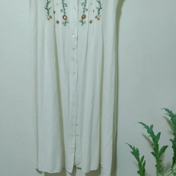 Vintage Linen Blend Embroidered Buttonfront Nightgown Dress Duster Cardigan