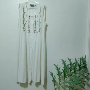 Vintage Linen Blend Embroidered Buttonfront Nightgown Dress Duster Cardigan