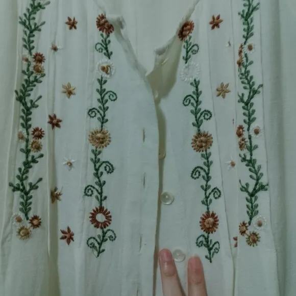 Vintage Linen Blend Embroidered Buttonfront Nightgown Dress Duster Cardigan